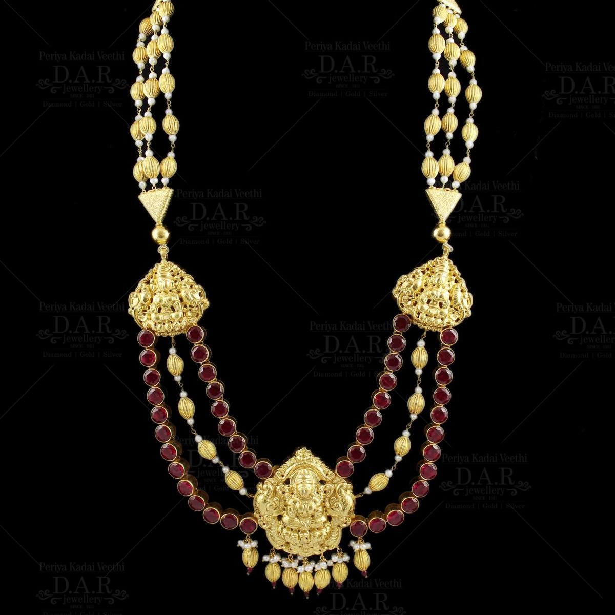 22K Gold 'Lakshmi' Necklace with Beads & Pearls (Temple Jewellery