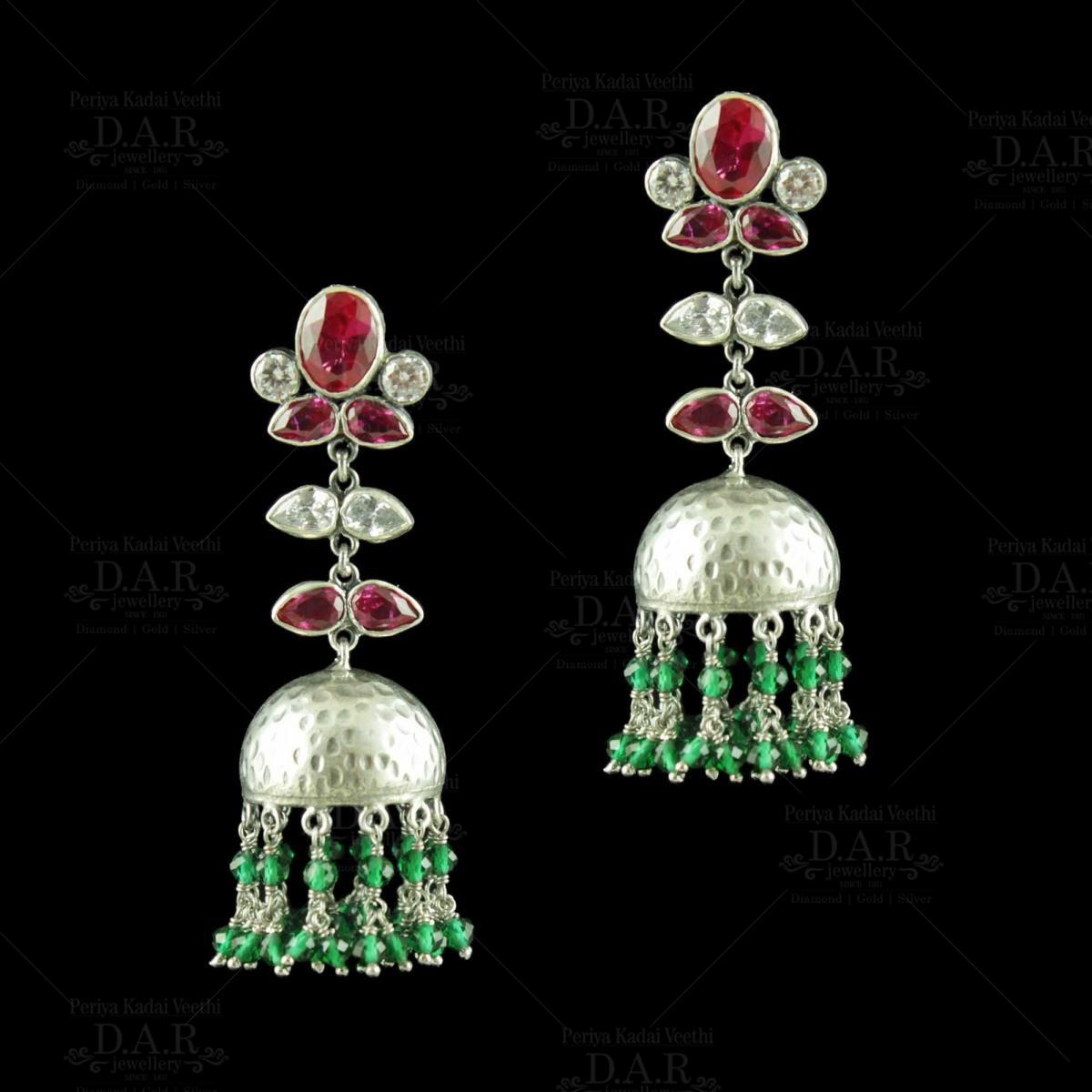 Women's Oxidized Jhumka Earrings in Silver and Red - Karmaplace